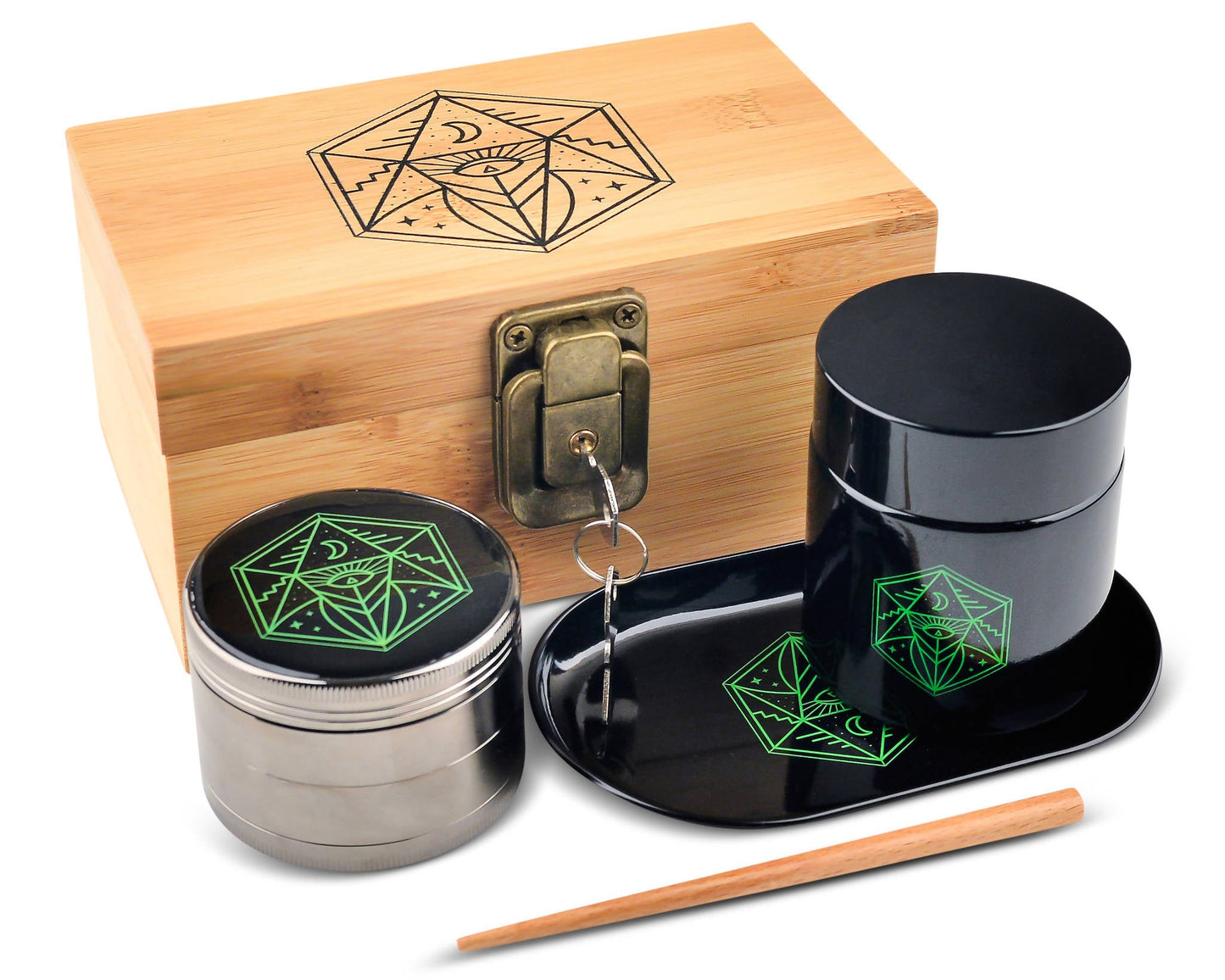Vintage Stash Box Bundle - Ancient Symbol Design - Grinder - Rolling Tray - Airtight & UV Protecting Glass Jar - Accessory Gift Kit - Secure Storage Box - Lock & Key - Leaf-Way Brand Accessories_4