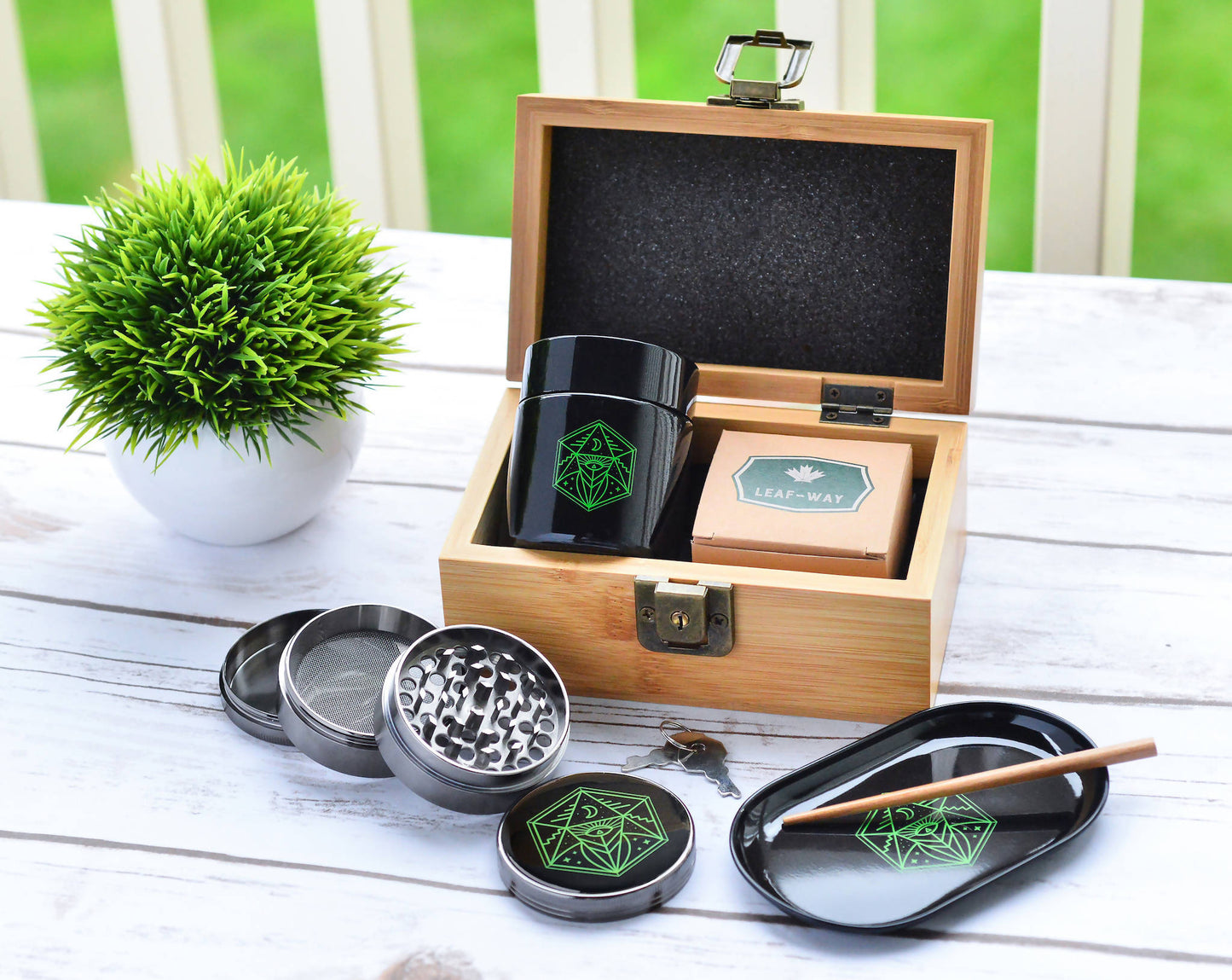 Vintage Stash Box Bundle - Ancient Symbol Design - Grinder - Rolling Tray - Airtight & UV Protecting Glass Jar - Accessory Gift Kit - Secure Storage Box - Lock & Key - Leaf-Way Brand Accessories_6